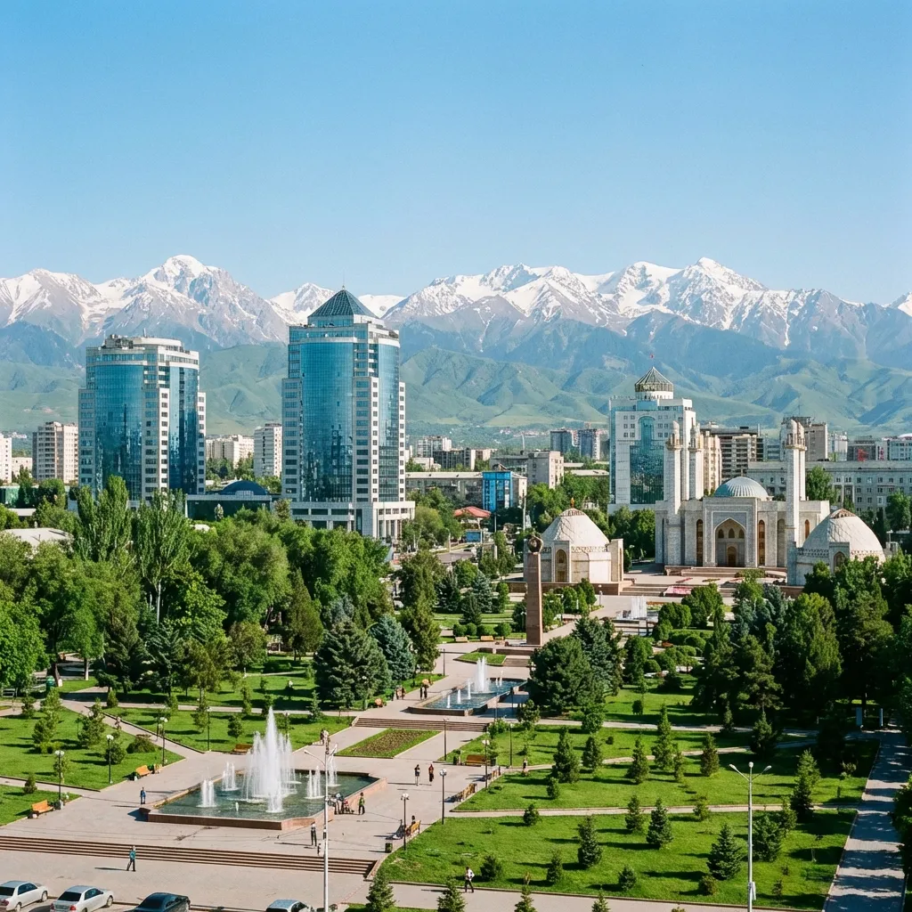 Bishkek city centre with the Ala-Too mountains behind it, Kyrgyzstan